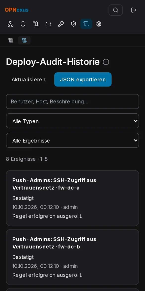 Audit-Verlauf mit Deploy-Ergebnissen