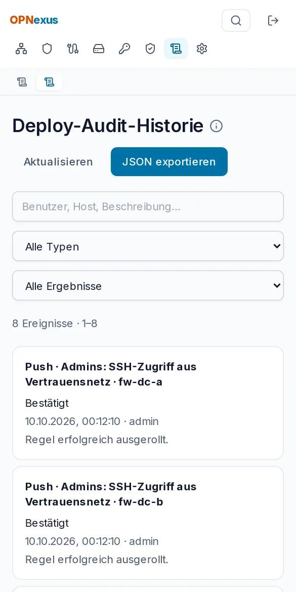 Audit-Verlauf mit Deploy-Ergebnissen