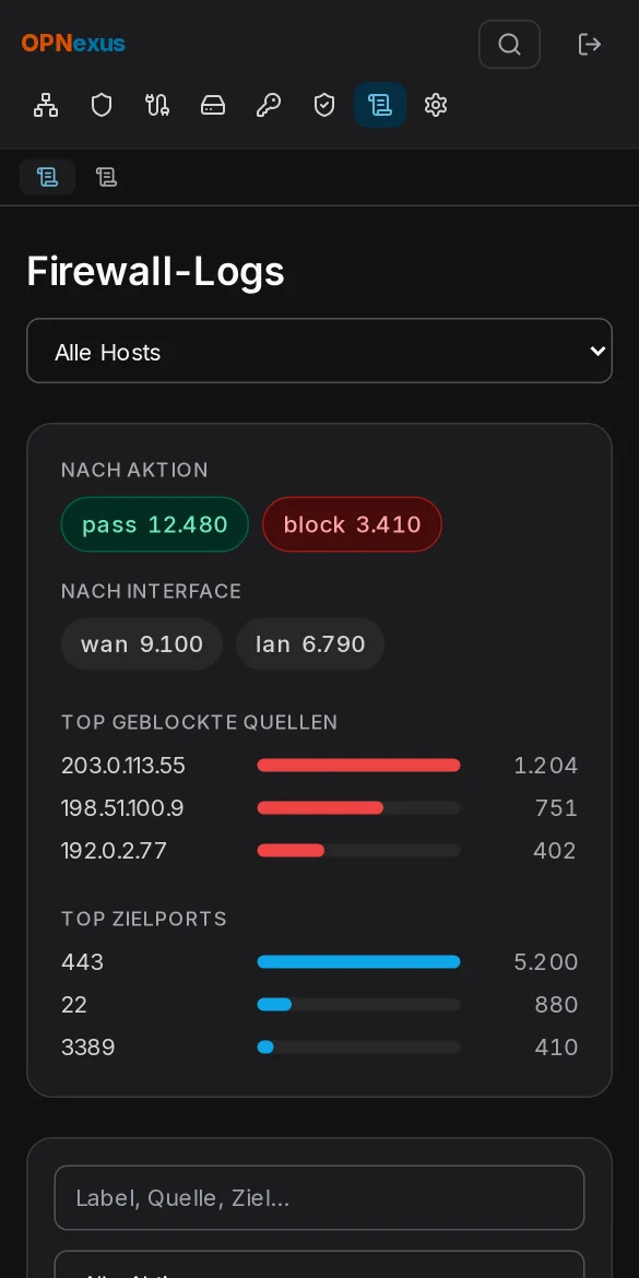 Zentrale Log-Suche mit geblockten und erlaubten Verbindungen