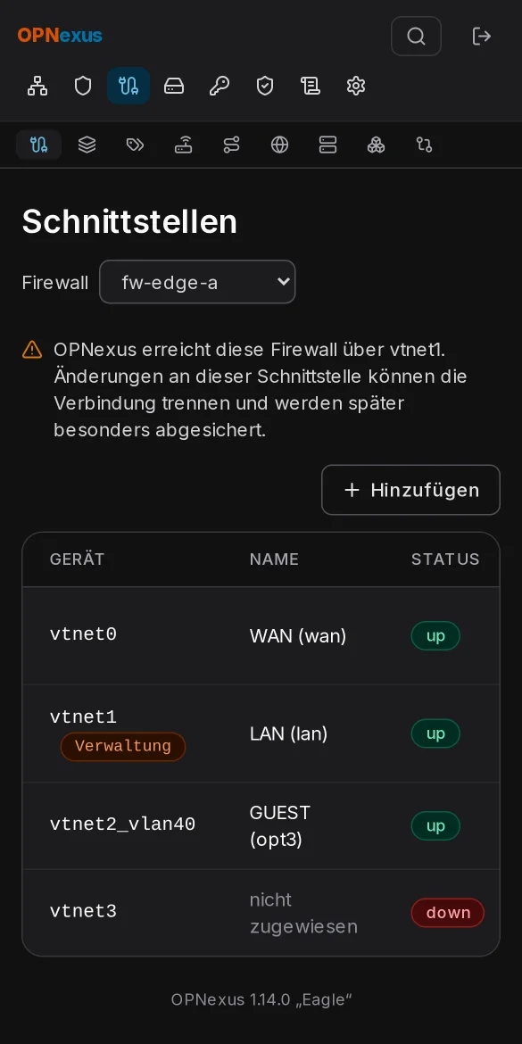 Schnittstellen einer Firewall mit Adressen, CARP-Rollen und VLAN