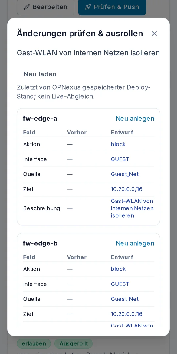 Vorschau-Dialog: pro Firewall werden die Änderungen Feld für Feld angezeigt, bevor sie ausgerollt werden