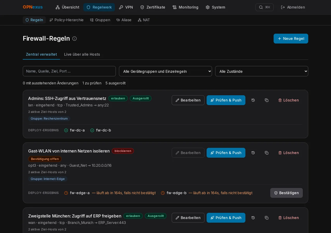 Regeln – Zentrale Regeln mit Deploy-Ergebnis pro Firewall.