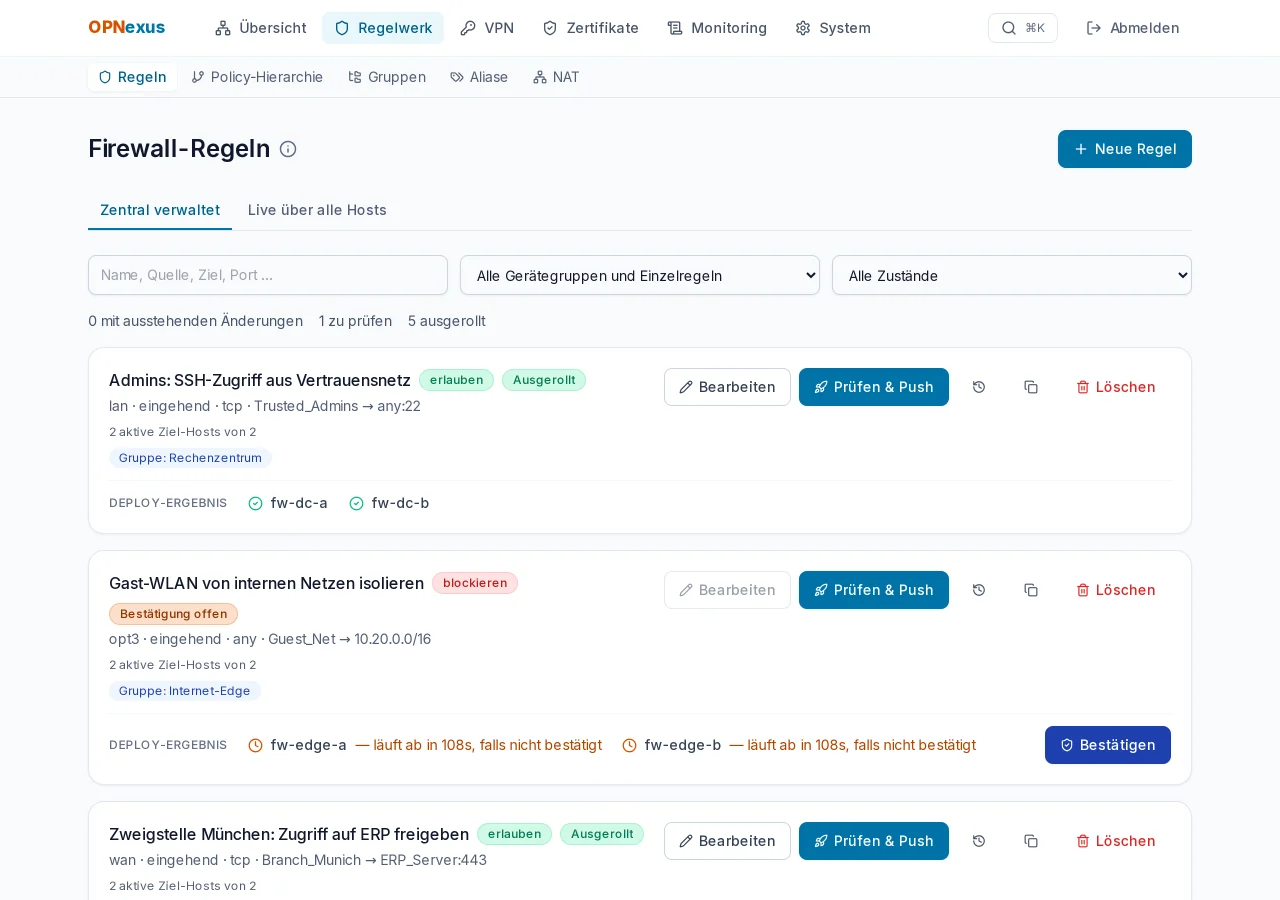 Regeln – Zentrale Regeln mit Deploy-Ergebnis pro Firewall.