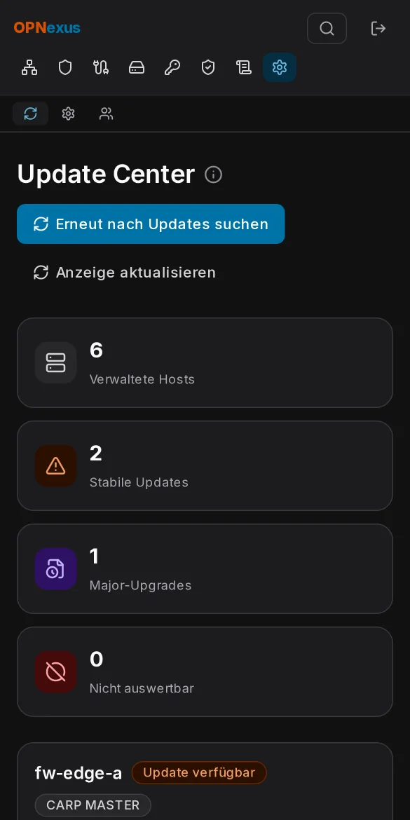 Update Center mit verfügbaren Updates, Major-Upgrade und CARP-Steuerung