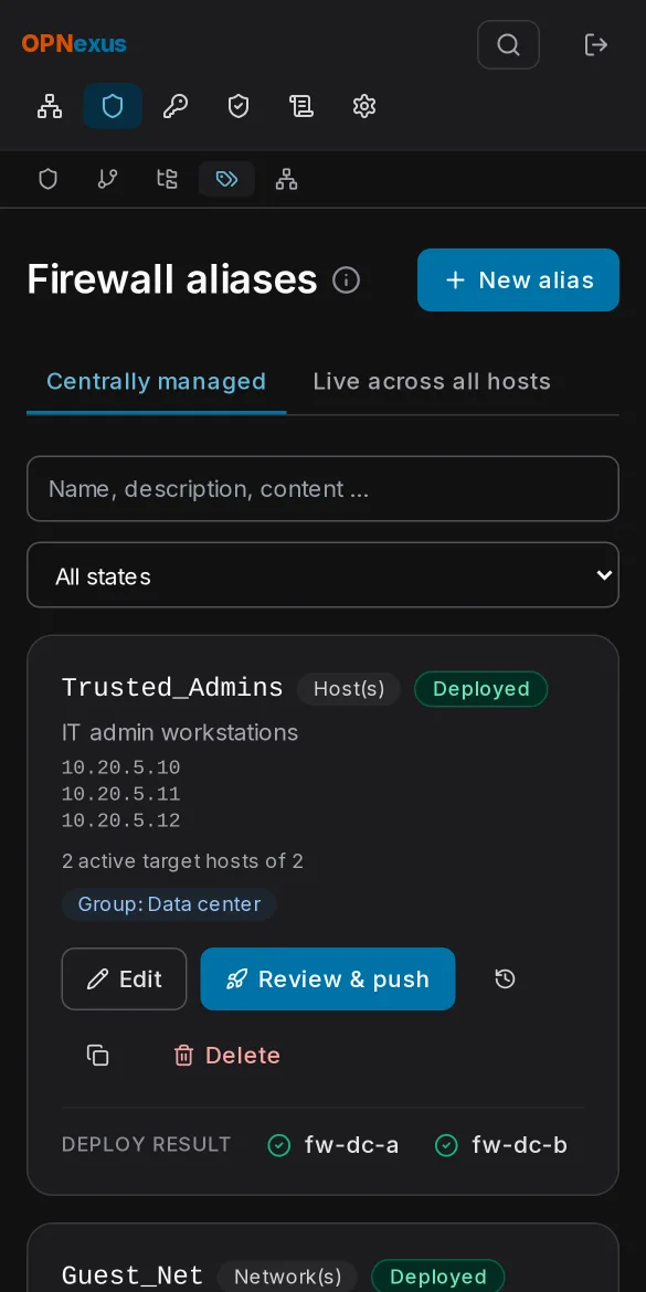 Central aliases with host, network and port objects