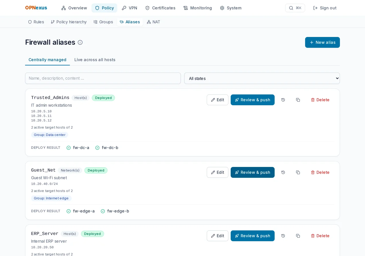 Central aliases with host, network and port objects