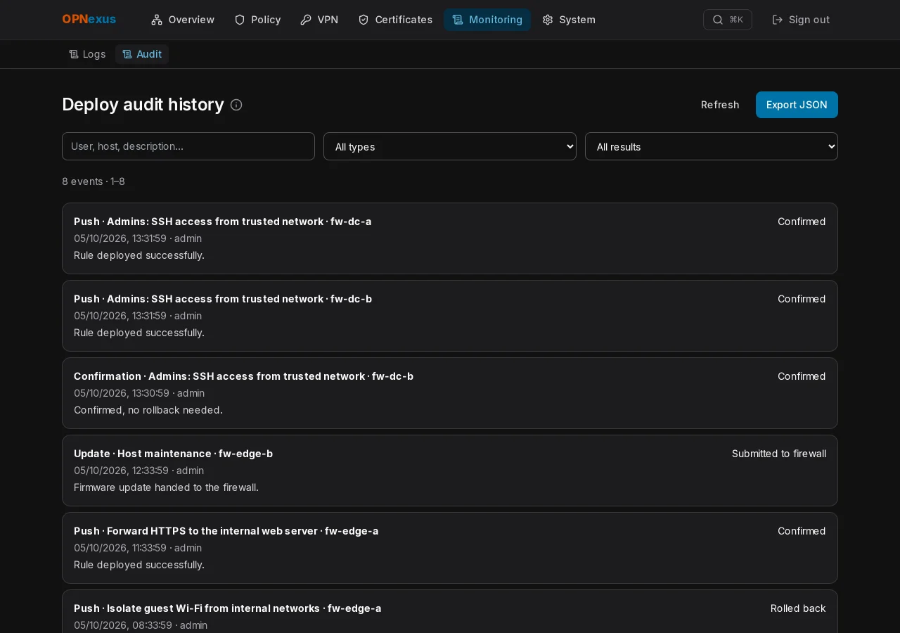 Audit history with deploy results