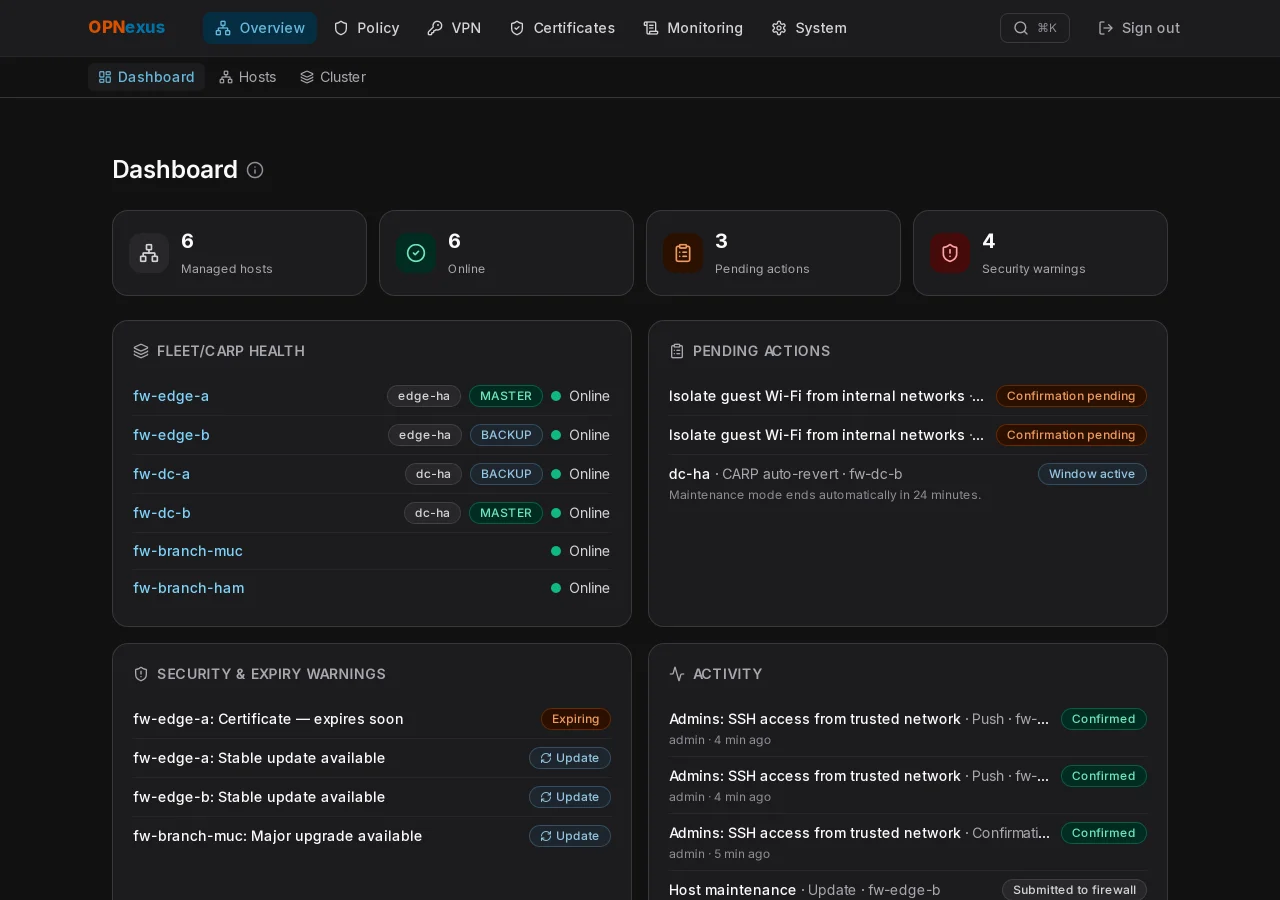 OPNexus dashboard with fleet status, pending actions, warnings and activity