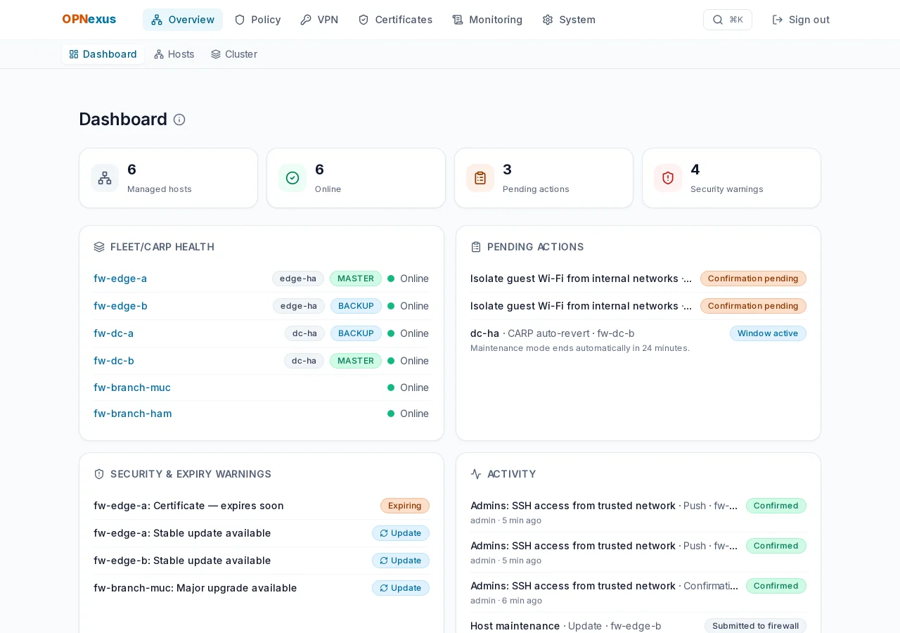 OPNexus dashboard with fleet status, pending actions, warnings and activity