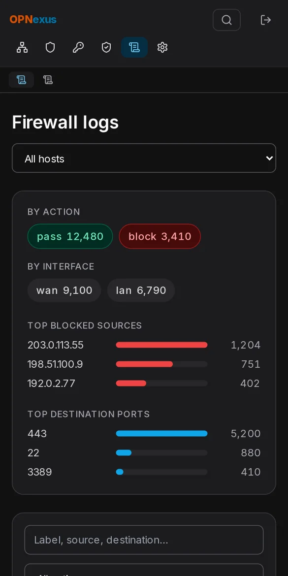 Central log search with blocked and passed connections