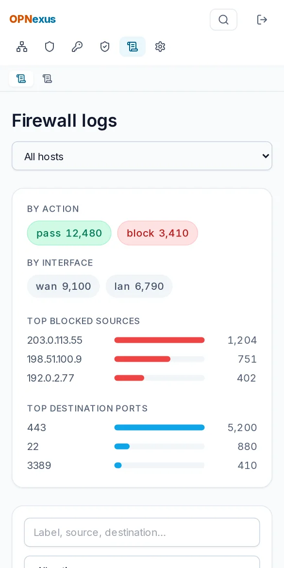 Central log search with blocked and passed connections