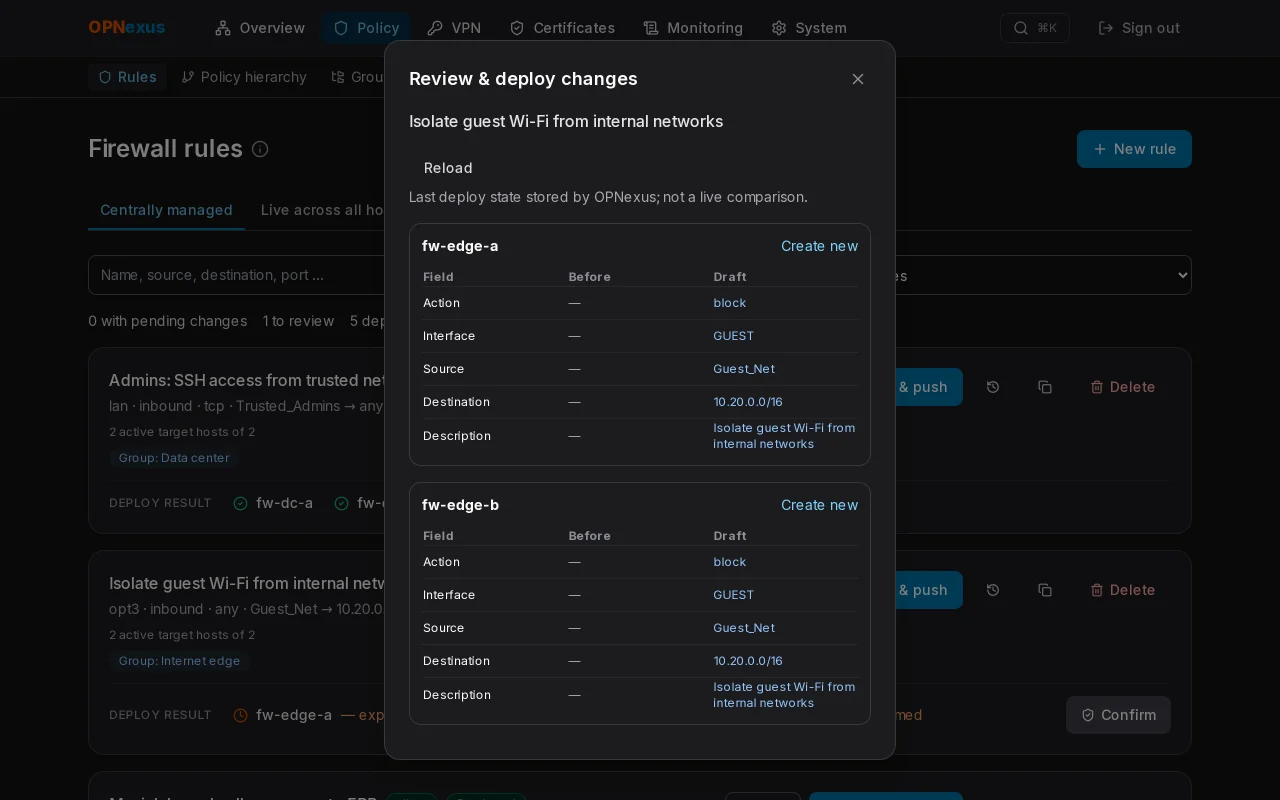Preview dialog showing, for each firewall, the changes field by field before they are deployed