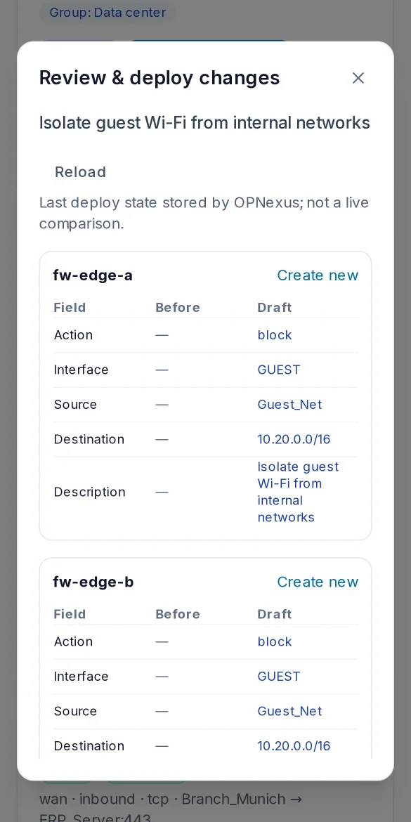Preview dialog showing, for each firewall, the changes field by field before they are deployed