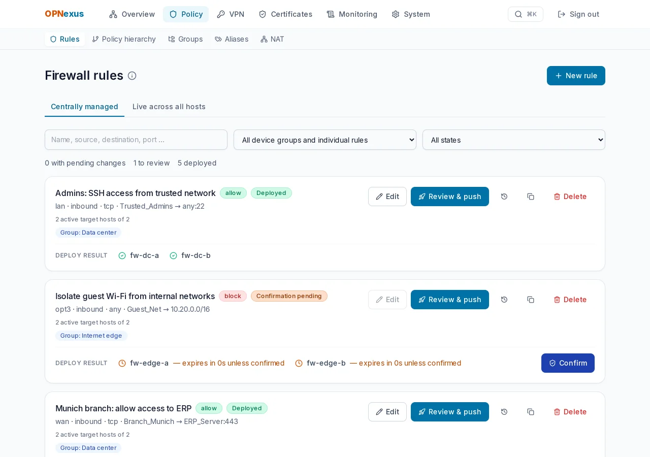 Central firewall rules with the deploy result per firewall and one rule awaiting confirmation