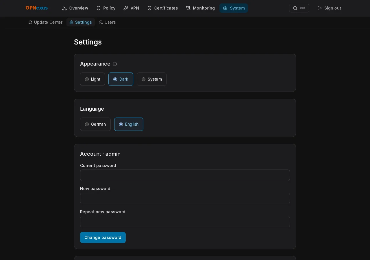 Settings – Appearance, notifications, two-factor, logs.