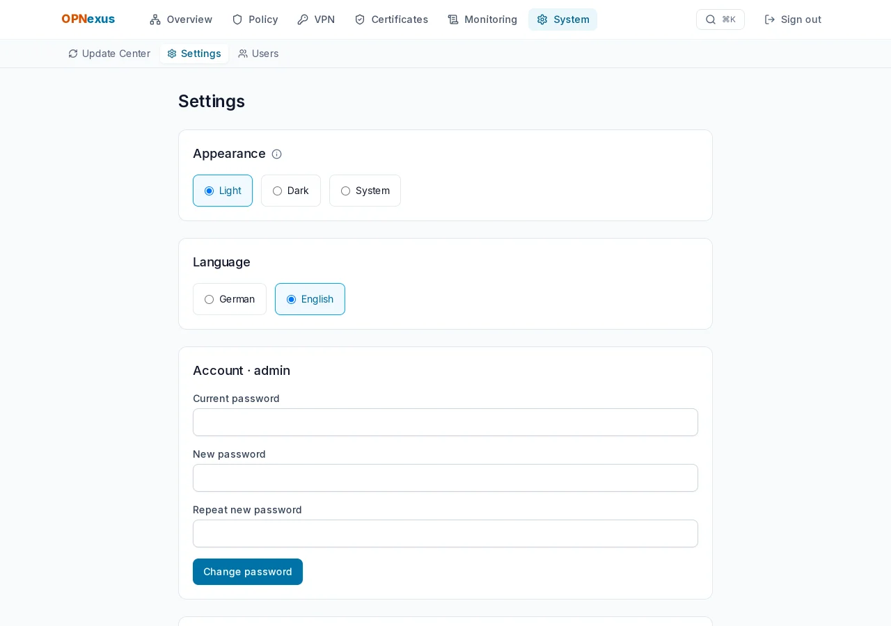 Settings – Appearance, notifications, two-factor, logs.
