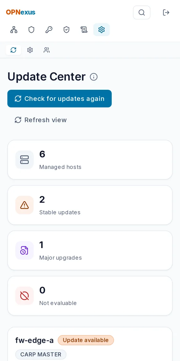 Update Center with available updates, a major upgrade and CARP control